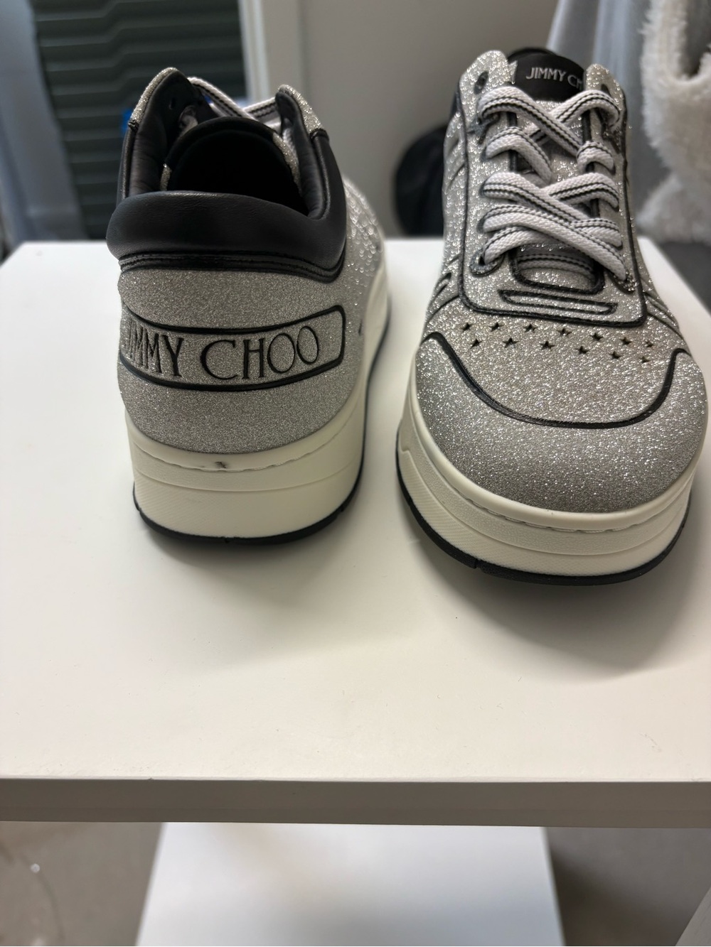 Jimmy Choo Silver Glitter Low-Top Sneakers with Black Trim - Picture 4 of 6